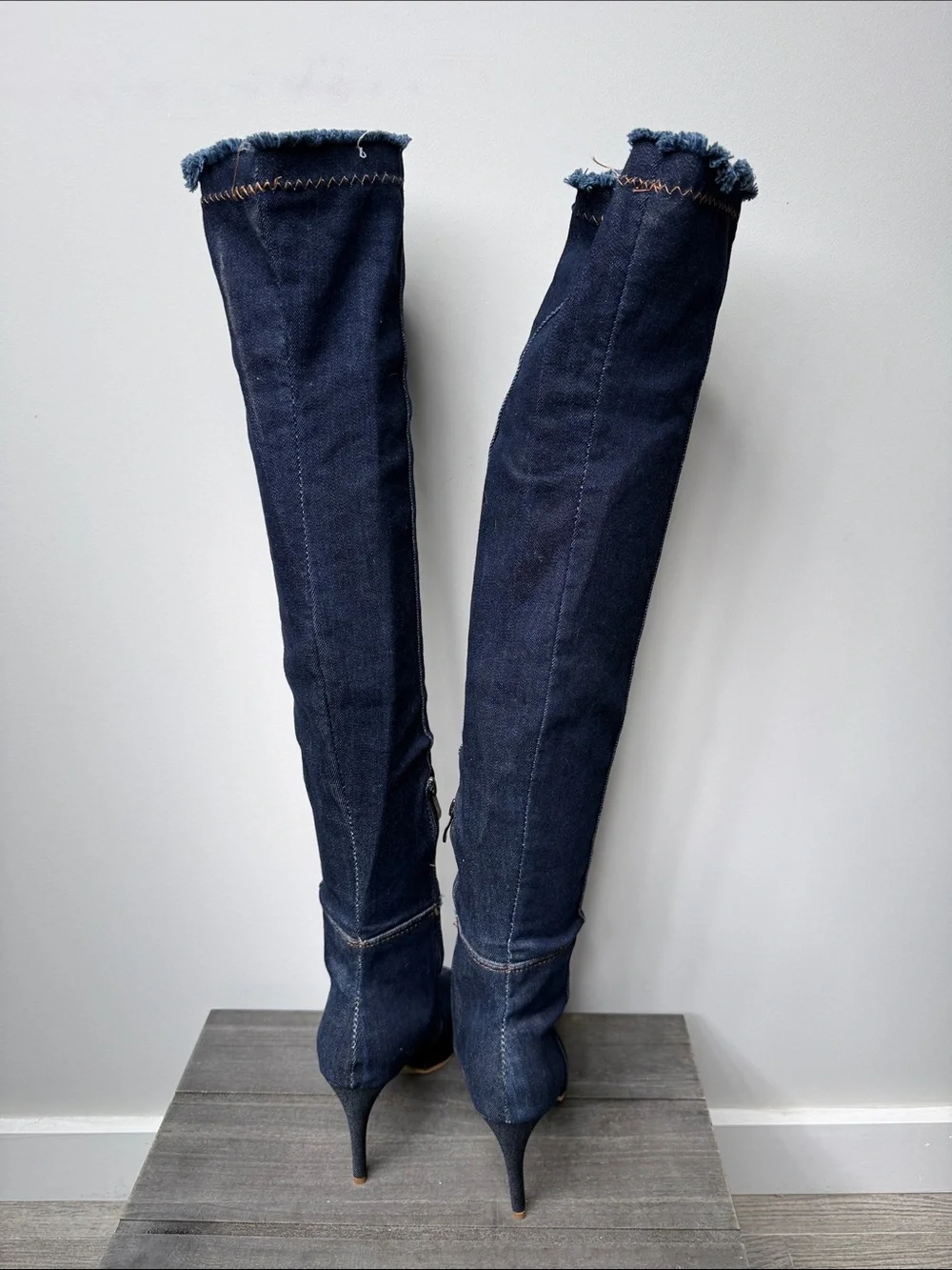 Shoe Dazzle Dark Blue Denim Over-the-Knee Peep-Toe Boots